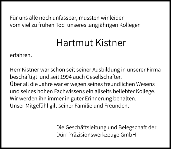 Traueranzeige von Hartmut Kistner von Heilbronner Stimme