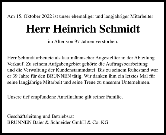 Traueranzeige von Heinrich Schmidt von Heilbronner Stimme