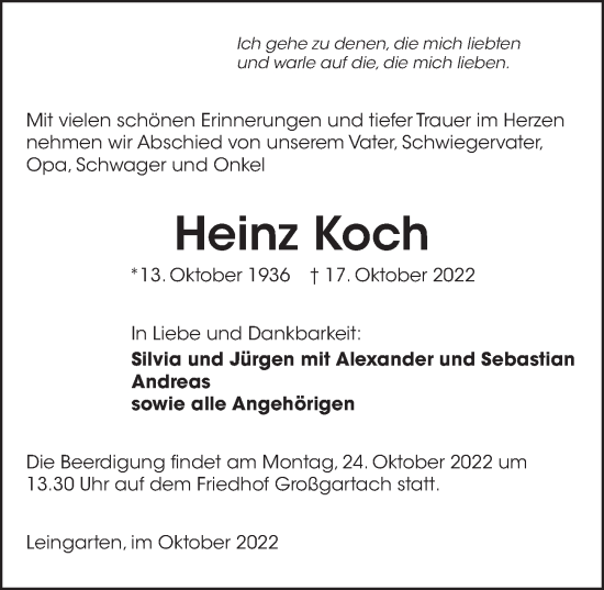 Traueranzeige von Heinz Koch von Heilbronner Stimme