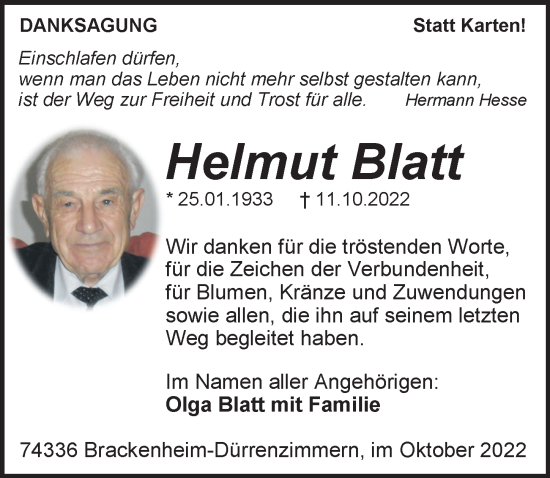 Traueranzeige von Helmut Blatt von Heilbronner Stimme