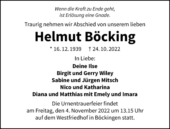Traueranzeige von Helmut Böcking von Heilbronner Stimme