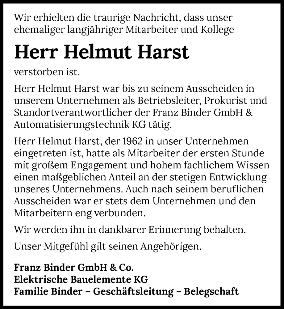  Traueranzeige für Helmut Harst vom 06.10.2022 aus GESAMT