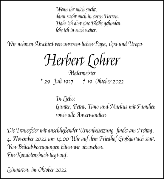 Traueranzeige von Herbert Lohrer von Heilbronner Stimme