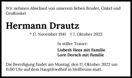 Traueranzeige von Hermann Drautz von GESAMT