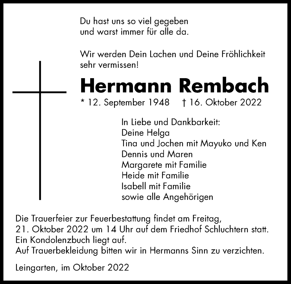  Traueranzeige für Hermann Rembach vom 19.10.2022 aus Heilbronner Stimme