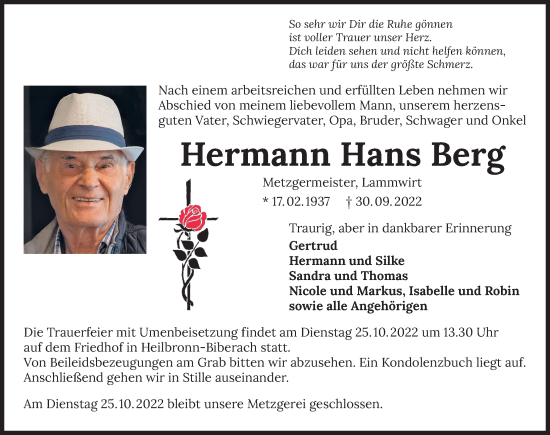Traueranzeige von Hermann Hans Berg von Heilbronner Stimme