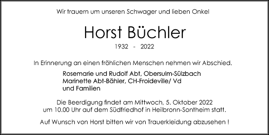 Traueranzeige von Horst Büchler