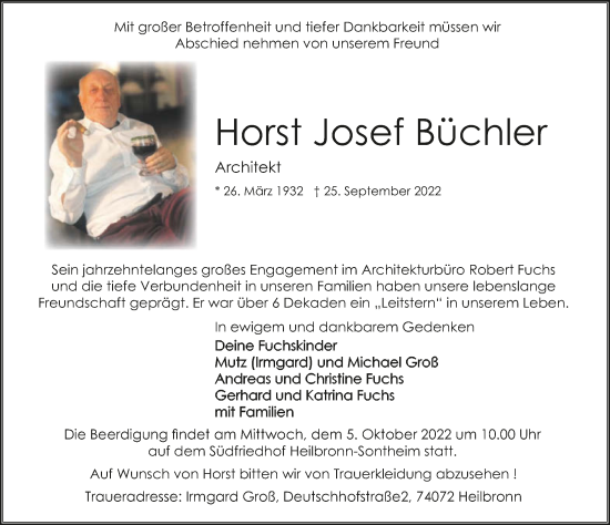 Traueranzeige von Horst Josef Büchler von GESAMT