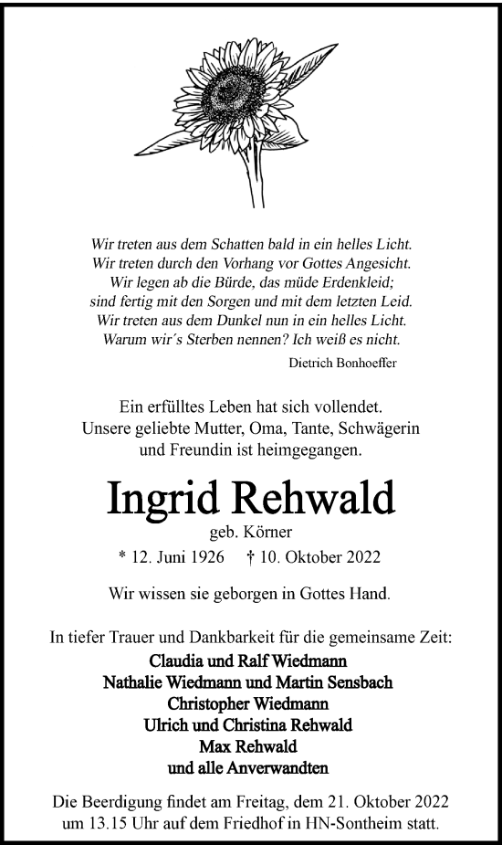 Traueranzeige von Ingrid Rehwald von Heilbronner Stimme