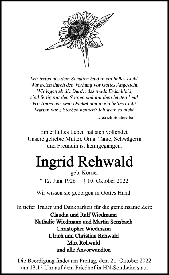Traueranzeige von Ingrid Rehwald von Heilbronner Stimme