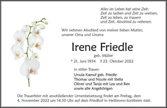 Traueranzeige von Irene Friedle von Heilbronner Stimme