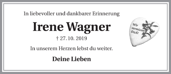 Traueranzeige von Irene Wagner von Heilbronner Stimme