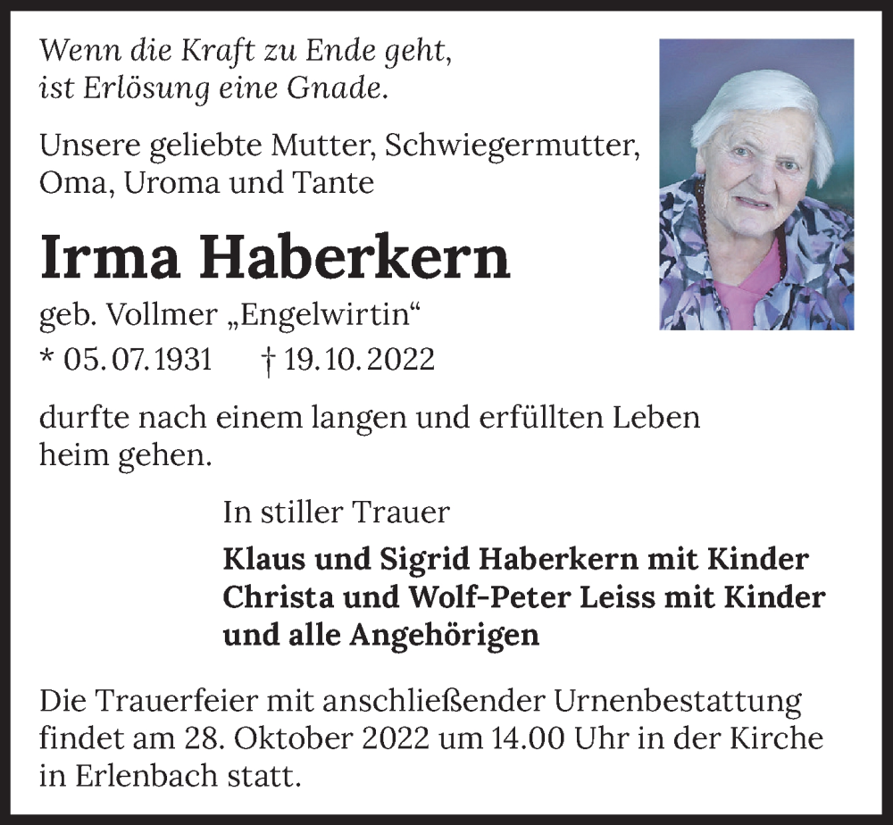  Traueranzeige für Irma Haberkern vom 25.10.2022 aus Heilbronner Stimme