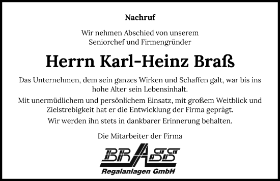 Traueranzeige von Karl-Heinz Braß von GESAMT