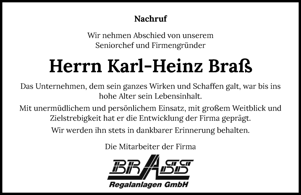  Traueranzeige für Karl-Heinz Braß vom 08.10.2022 aus GESAMT