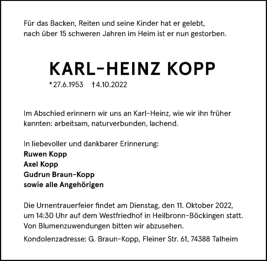 Traueranzeige von Karl-Heinz Kopp von GESAMT