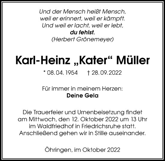 Traueranzeige von Karl-Heinz Müller von GESAMT