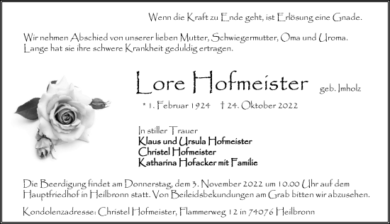 Traueranzeige von Lore Hofmeister von Heilbronner Stimme