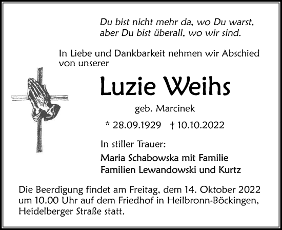 Traueranzeige von Luzie Weihs von GESAMT