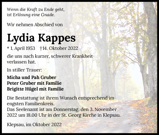 Traueranzeige von Lydia Kappes von Heilbronner Stimme