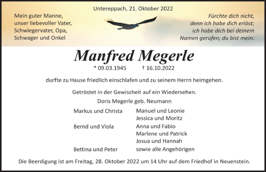 Traueranzeige von Manfred Megerle von Heilbronner Stimme