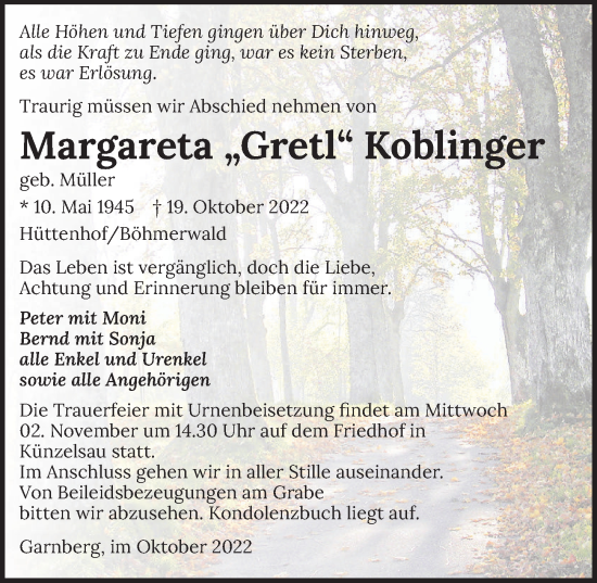 Traueranzeige von Margareta Koblinger von Heilbronner Stimme