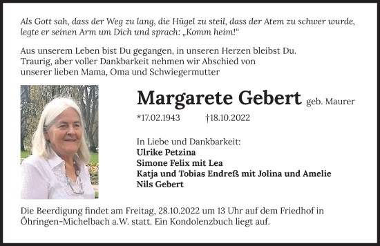 Traueranzeige von Margarete Gebert von Heilbronner Stimme