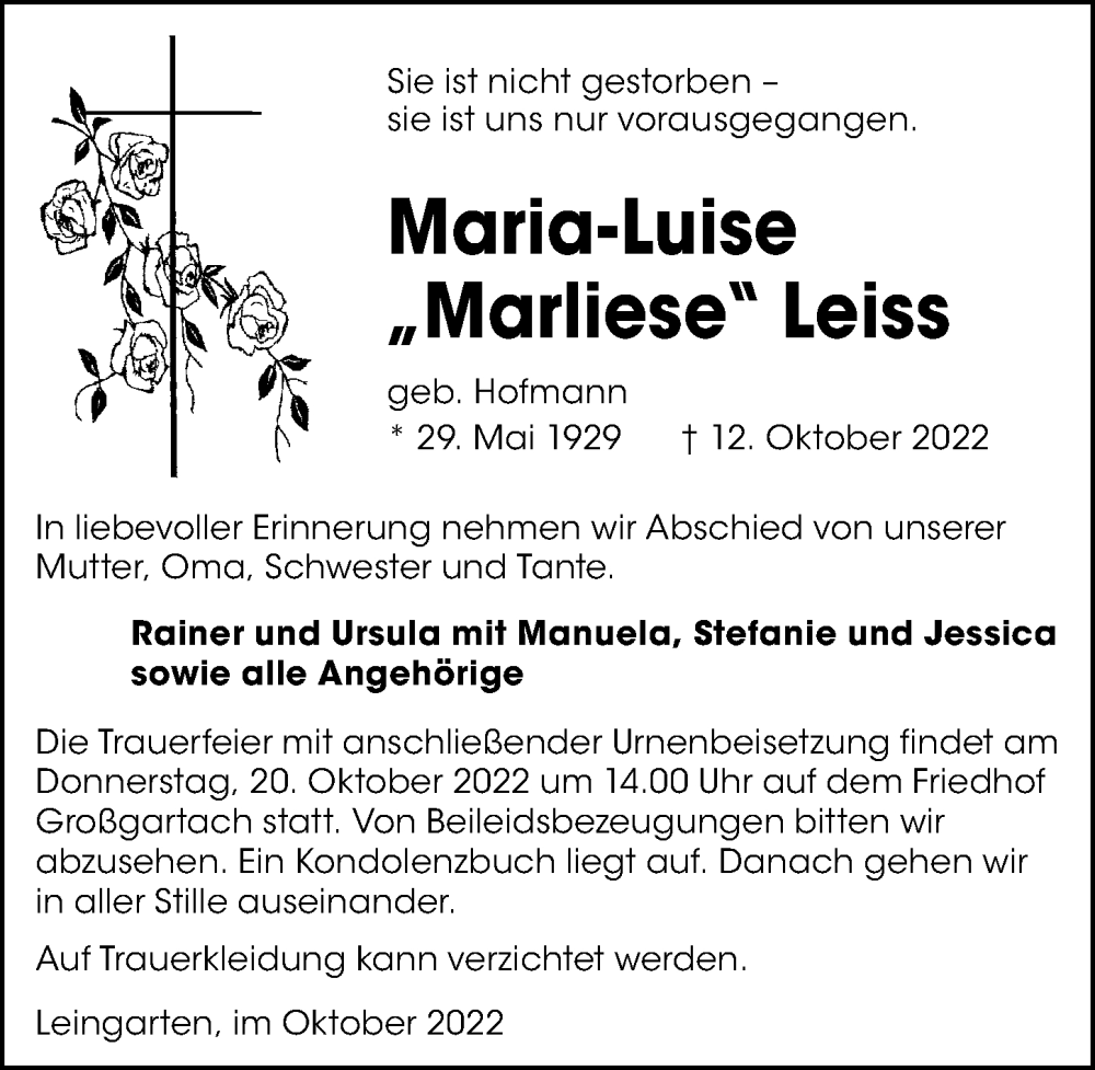  Traueranzeige für Maria-Luise Leiss vom 15.10.2022 aus Heilbronner Stimme