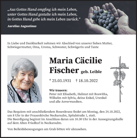 Traueranzeige von Maria Cäcilie Fischer von Heilbronner Stimme