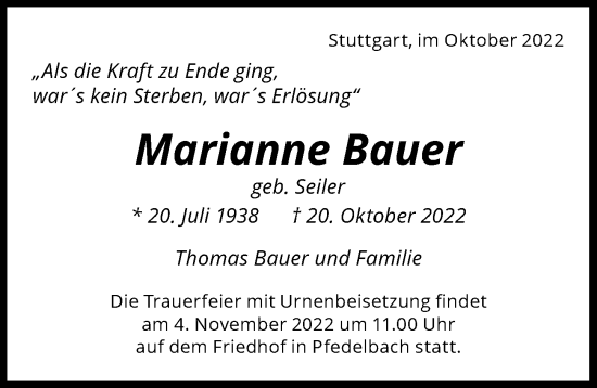 Traueranzeige von Marianne Bauer von Heilbronner Stimme