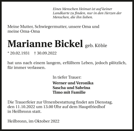 Traueranzeige von Marianne Bickel von GESAMT