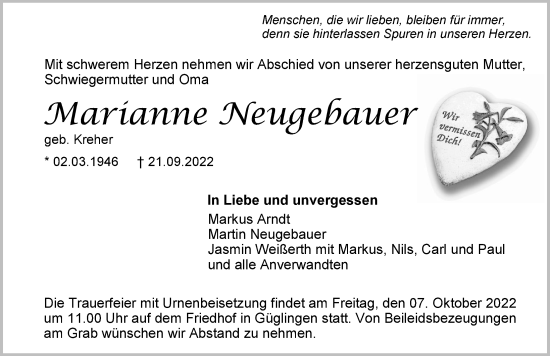 Traueranzeige von Marianne Neugebauer von GESAMT