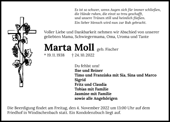 Traueranzeige von Marta Moll von Heilbronner Stimme