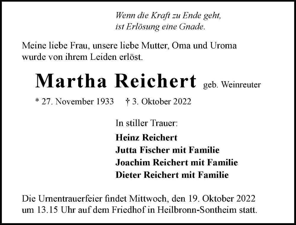  Traueranzeige für Martha Reichert vom 15.10.2022 aus Heilbronner Stimme