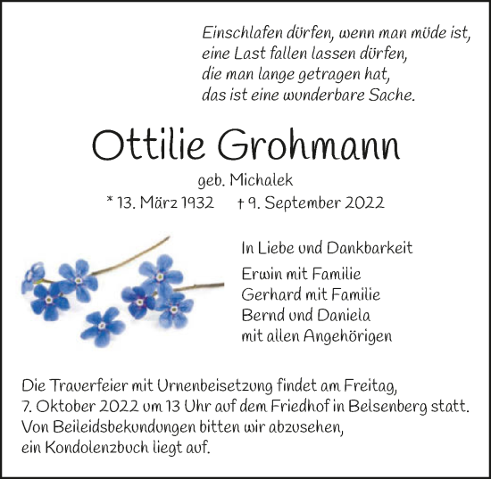 Traueranzeige von Ottilie Grohmann von GESAMT