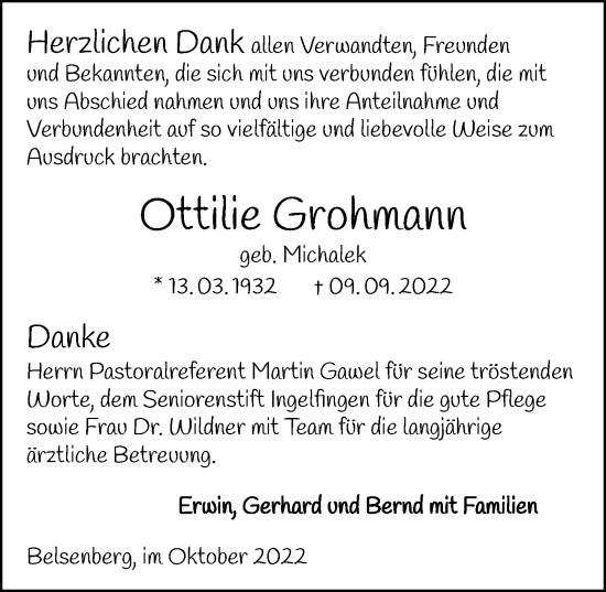 Traueranzeige von Ottilie Grohmann von Heilbronner Stimme