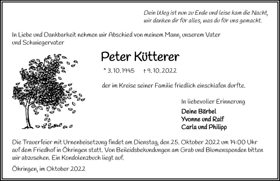 Traueranzeige von Peter Kütterer von Heilbronner Stimme