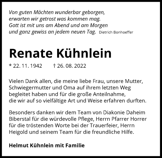 Traueranzeige von Renate Kühnlein von Heilbronner Stimme