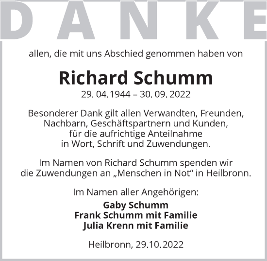 Traueranzeige von Richard Schumm von Heilbronner Stimme