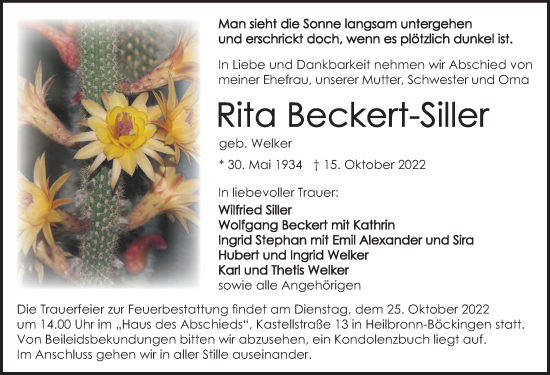 Traueranzeige von Rita Beckert-Siller von Heilbronner Stimme