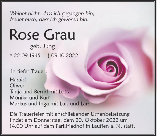 Traueranzeige von Rose Grau von Heilbronner Stimme