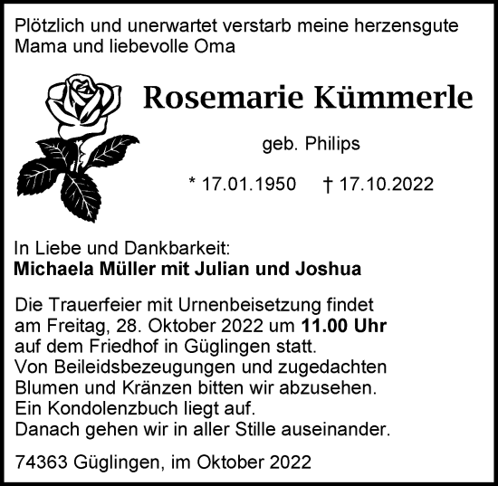 Traueranzeige von Rosemarie Kümmerle von Heilbronner Stimme