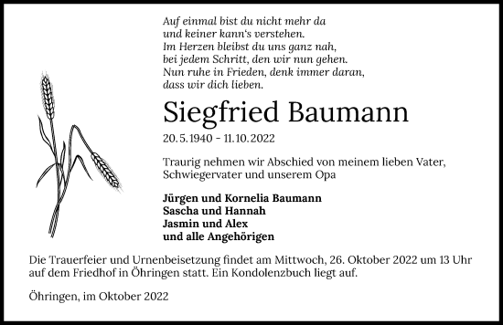 Traueranzeige von Siegfried Baumann von Heilbronner Stimme
