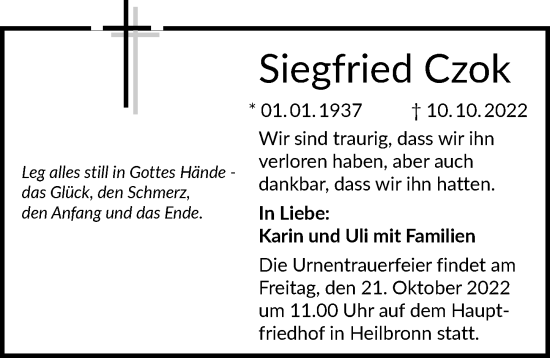 Traueranzeige von Siegfried Czok von Heilbronner Stimme