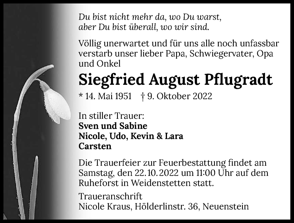  Traueranzeige für Siegfried August Pflugradt vom 12.10.2022 aus GESAMT