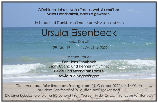 Traueranzeige von Ursula Eisenbeck von Heilbronner Stimme