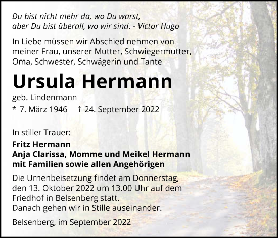 Traueranzeige von Ursula Hermann von GESAMT