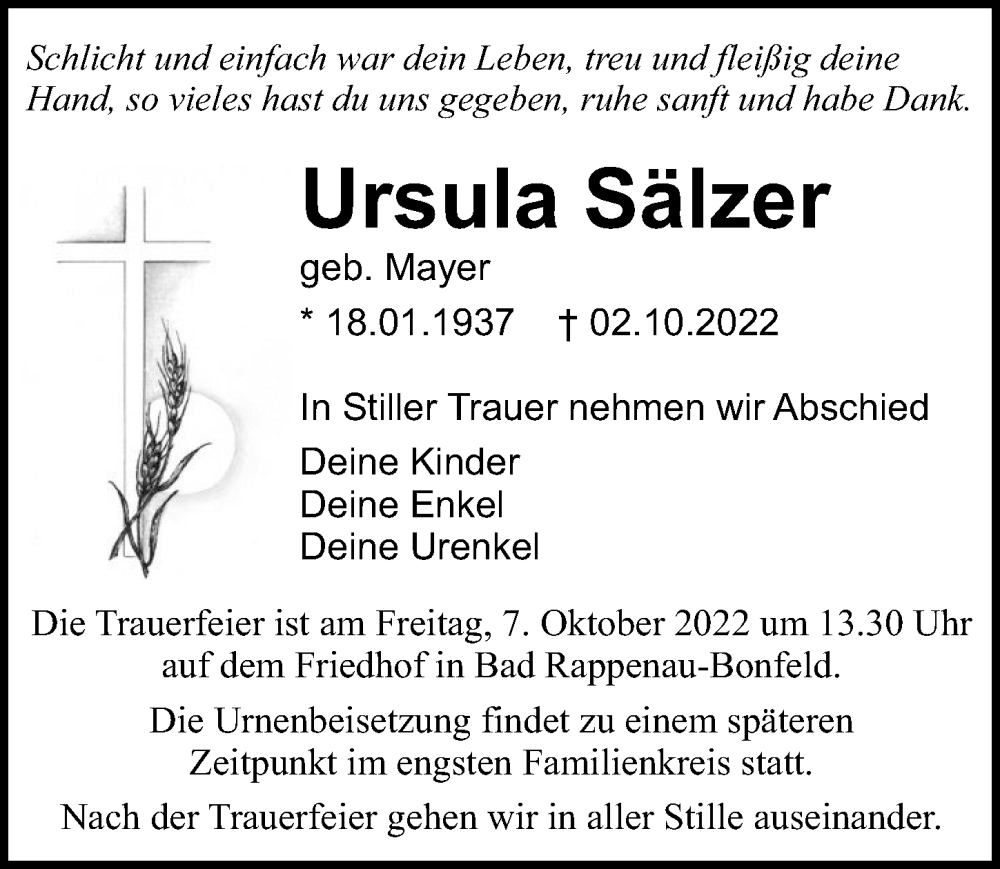  Traueranzeige für Ursula Sälzer vom 05.10.2022 aus GESAMT