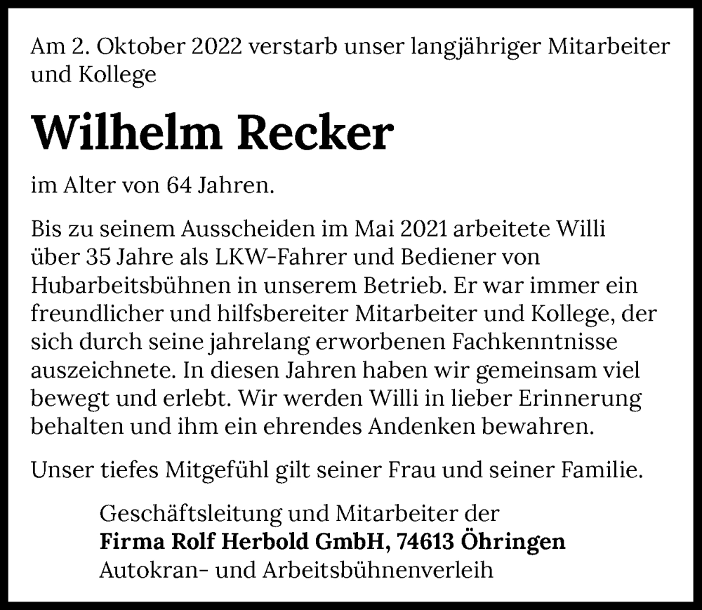  Traueranzeige für Wilhelm Recker vom 06.10.2022 aus GESAMT