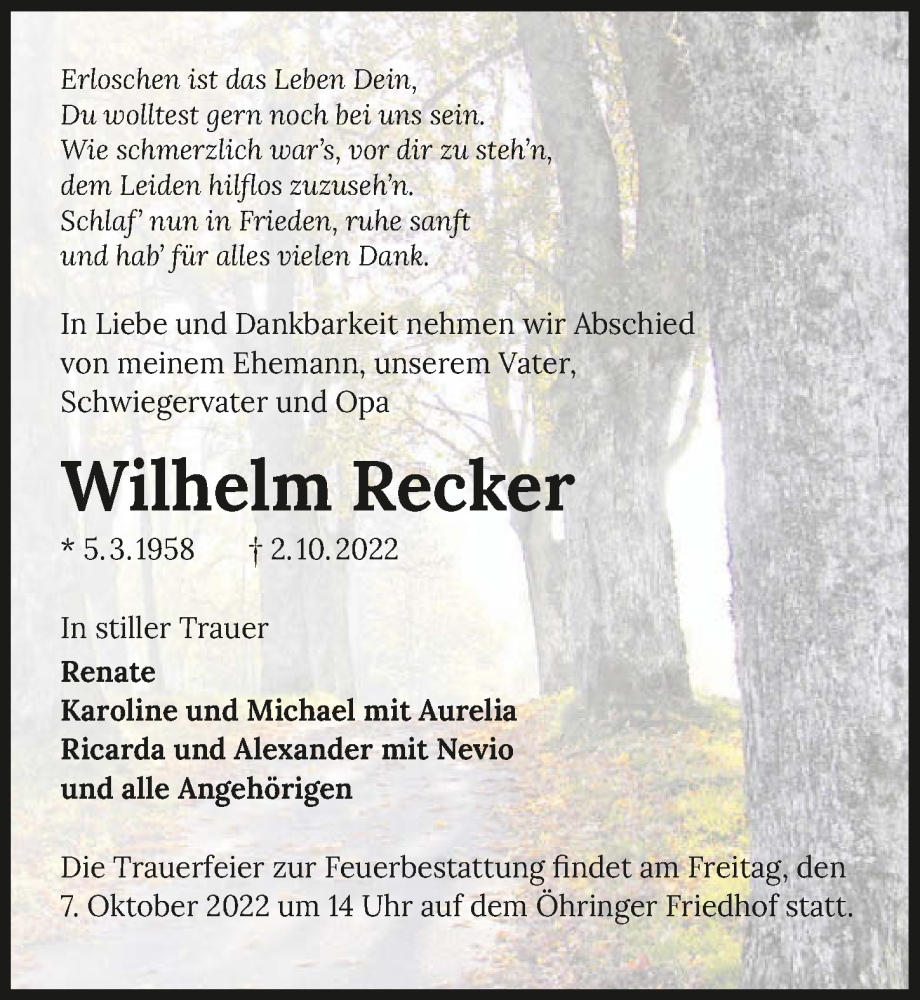  Traueranzeige für Wilhelm Recker vom 05.10.2022 aus GESAMT